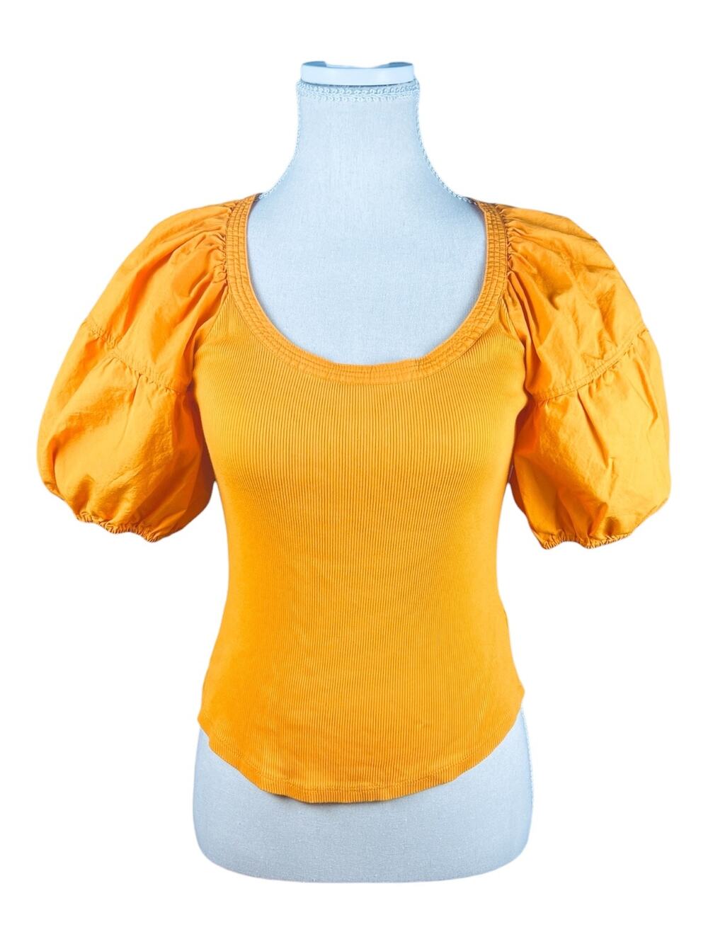 Ulla Johnson Harlowe Marigold Orange Ribbed Cotton Poplin Puff Sleeve Top P XS